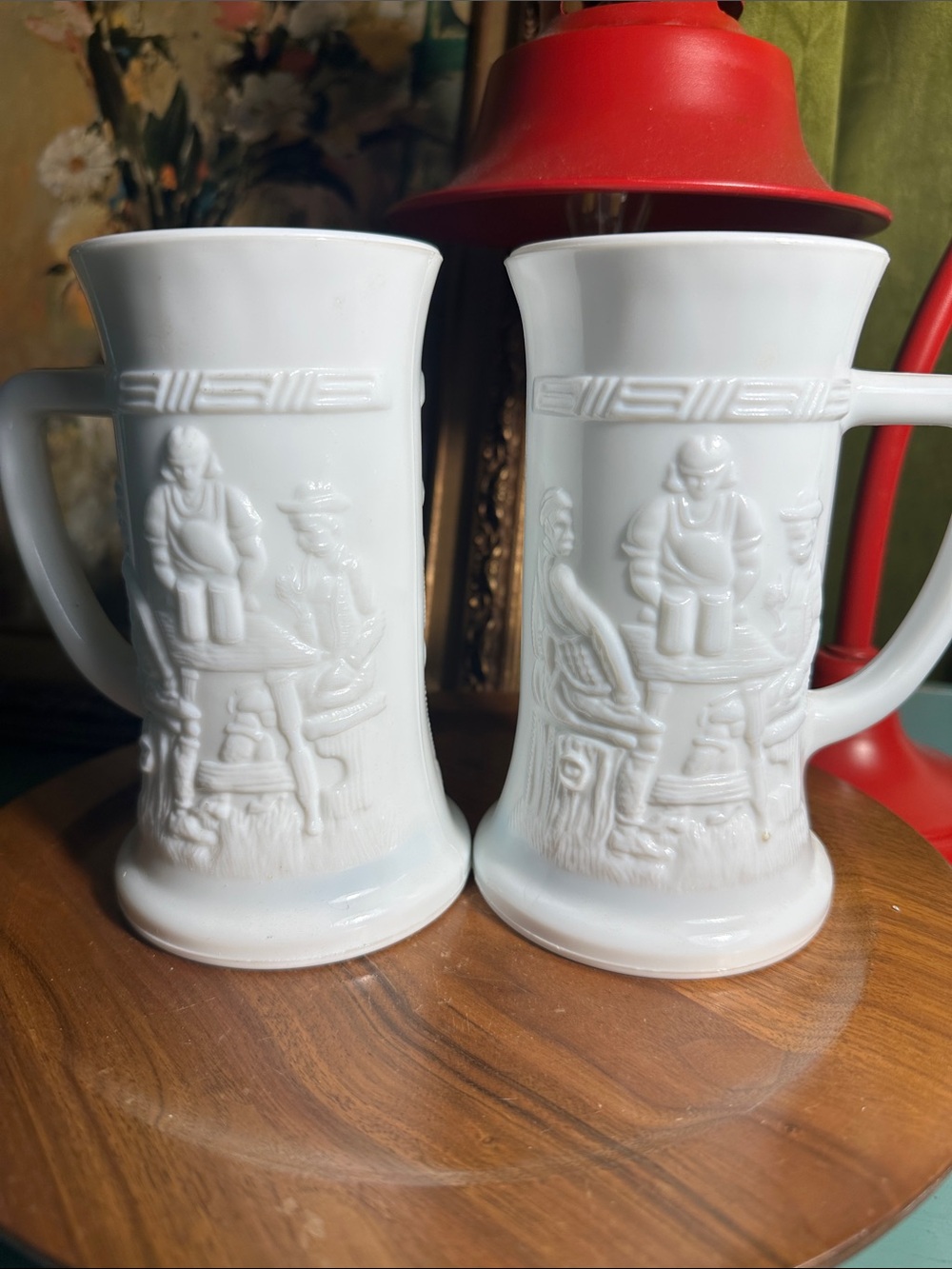 6" White Milk Glass Stein/Tankard Pub Scene set of two .